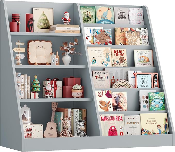 6 Tier Kids Bookshelf and Toy Storage Organizer, Child-Friendly Height & Stable Triangle Design, Toddler Book Shelf for Kids Room, Playroom, Bedroom, Classroom, Nursery, School, Grey