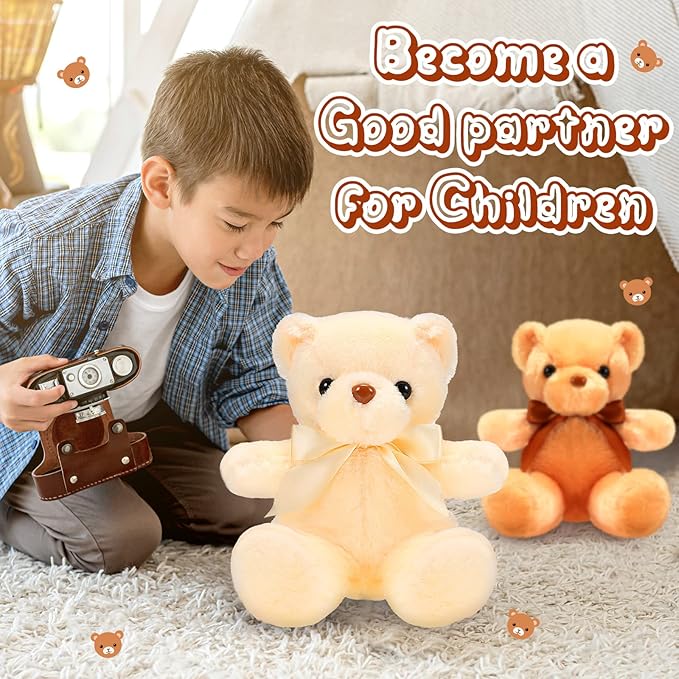 HyDren 6 Pcs Bear Stuffed Animal Plush Toys Soft Plush Dolls Bear Sleeping and Playing Toys for Baby Shower Decoration Boy(Short Plush,Dark Brown, Brown, Beige)