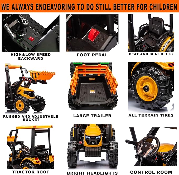 Kidsera 24V Kids Ride on Tractor with Trailer & Front Loader, 3 In1 Tractor 4-Gearbox 24volt Dual Motors Metal Frame, 24V Ride on Toys for Big Kids, Power Wheels Kids Electric Vehicles (Yellow)