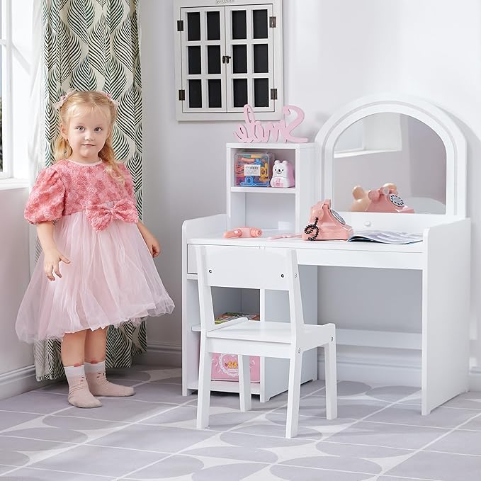 Kids Vanity with Lights, Princess Vanity Set with Drawer and Storage Shelves, 2 in 1 Toddler Makeup Vanity with Lighted Mirror, Girls Vanity Set with Stool for Little Girls (White)