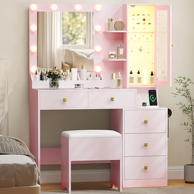 Vanity Desk with Mirror and Lights,Makeup Table with Charging Station & RGB Storage Cabinet,Large Drawer & Storage Shelves,5 Drawer,Bedroom Dressing Table, Pink