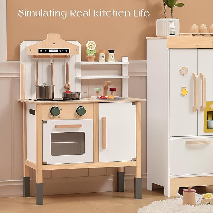 Wooden Play Kitchen for Kids, Adjustable Height Wooden Toys Kids Kitchen Playset, Mordern Designed Toys Kitchen Gift with Play Food Kitchen Accessoires for 3Y+