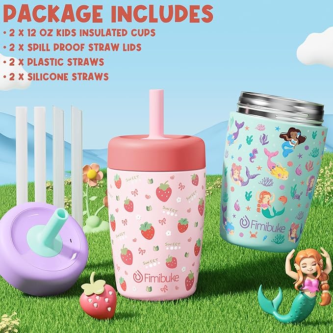 Fimibuke Kids & Toddler Cups Spill Proof, 12 OZ Insulated Sippy Cups for Toddlers Boys Girls, BPA-Free Toddler Straw Tumbler, Stainless Steel Kids Water Bottle with Twist Lids & Silicone Straw, 2 Pack