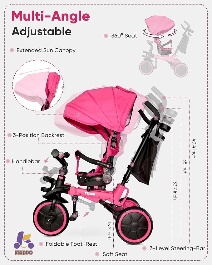 KRIDDO 8-in-1 Foldable Tricycle Stroller for Toddlers 18 Months to 5 Years, 5-Point Seatbelt, 1-Step Brake Pedal, Extended Canopy, Triple Footrest, Safety Rearview Window, Detachable Guardrail, Pink