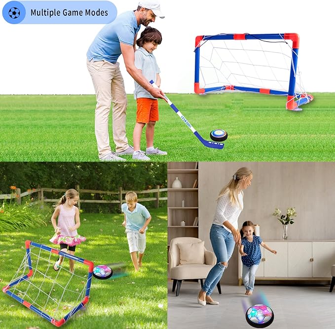 3-in-1 Hover Hockey Soccer Ball Set Kids Toys, Rechargeable Air Soccer and Floating Battery Hockey with LED Lights and Foam Bumper, 2 Goals for Boys and Girls Ages 4 5 6 7 8-12 for Indoor/Outdoor Play