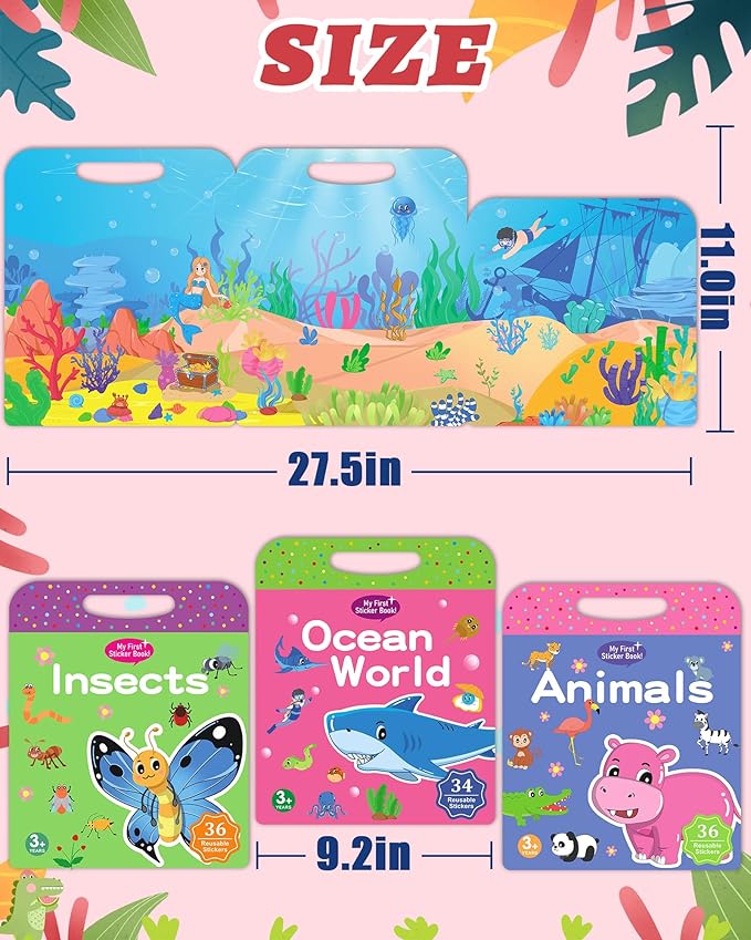 Benresive Reusable Sticker Book for Toddlers 2-4 Years, 3 Sets Travel Stickers for Kids, Waterproof Sticker Books for Toddlers 1-3, Crafts Activities for Todddlers 1-3 2-4 3-5
