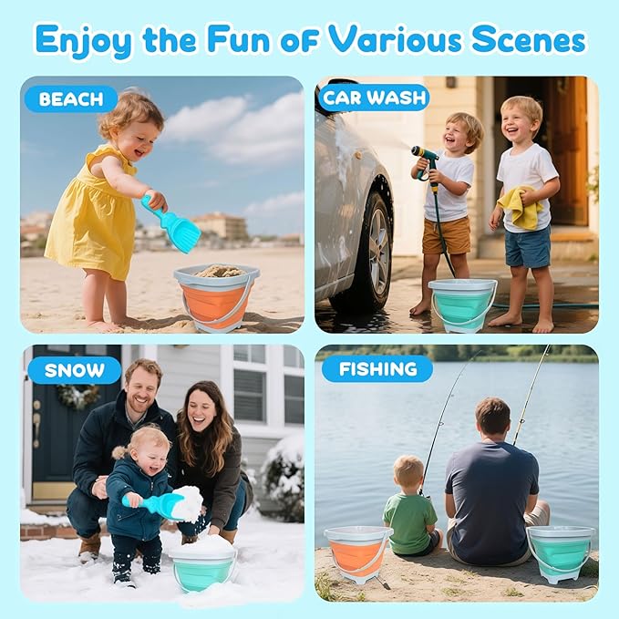 USATDD Beach Toys for Kids with Collapsible Bucket, Sand Rake and Shovel, Collapsible Beach Bucket Travel Sand Toys for Toddlers Kids