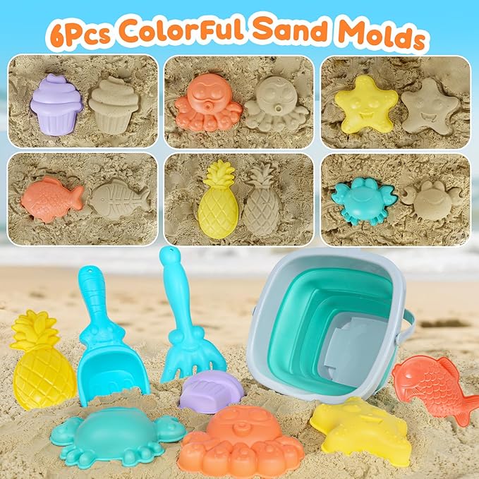 USATDD Beach Toys for Kids with Collapsible Bucket, Sand Molds Rake and Shovel, Collapsible Beach Bucket Travel Sand Toys for Toddlers Kids