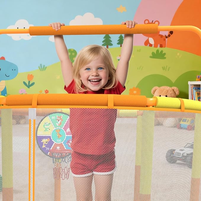 LANGXUN 60" Trampoline for Kids, 5ft Toddler Mini 6-in-1 Trampoline Indoor Outdoor with Swing, Basketball Hoop, Dart Board, Rings, Christmas Toys Birthday Gifts for Girls Boys