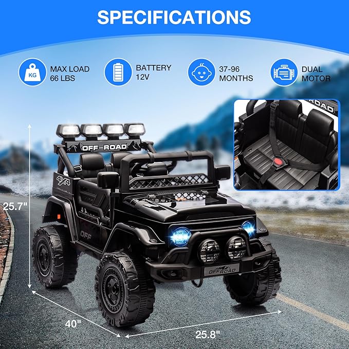 Ride On Truck Car 12V, Electric Vehicle w/Remote Control, 3 Speeds, LED Lights, Music, Spring Suspension, Ride on Car for Kids