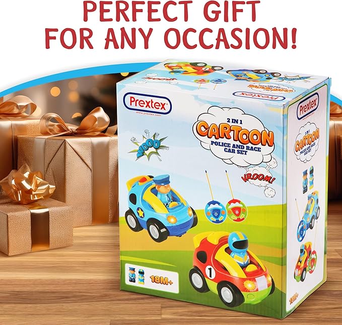 PREXTEX Cartoon Remote Control Car - 2-Pack Police and Race Car Toddler Toys - RC Cars for Kids with Different Frequencies - Easy Remote Control Toy and Thoughtful Gifts for Boys and Girls
