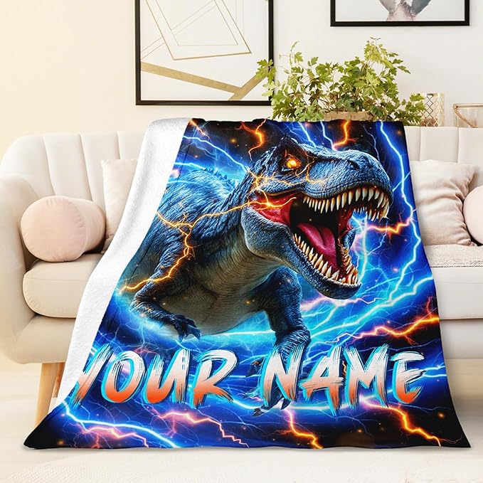 Personalized Dinosaur Blanket for Boys, Custom Throw Blankets Gift for Kids Adults Son Birthday 50x60 Inches Lightweight Soft Cozy Dinosaur Decor Blanket for Sofa Couch Bed Living Room