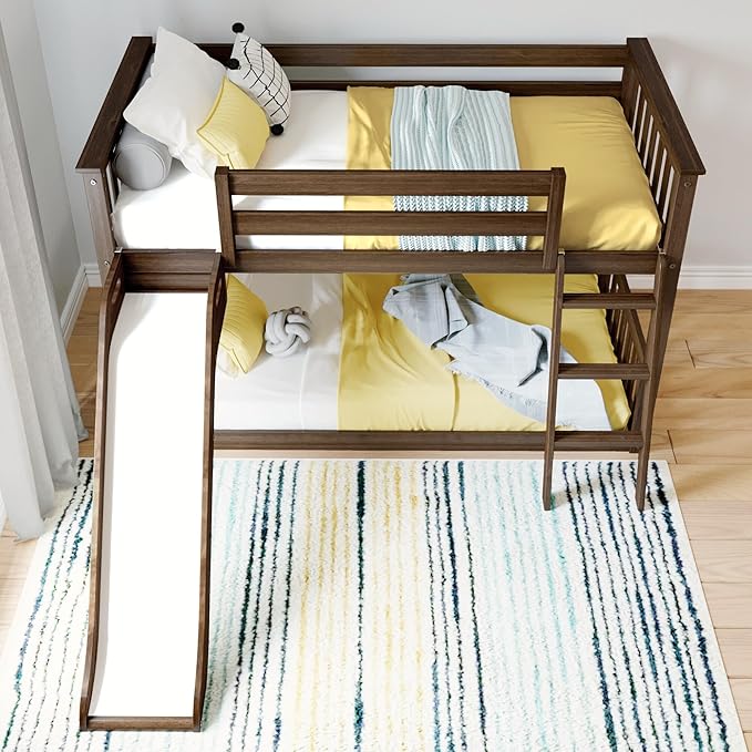 Max & Lily Twin Over Twin Low Bunk with Slide and Ladder, Wooden Bunk beds with 14” Safety Guardrail for Kids, Toddlers, Boys, Girls, Teens, Bedroom Furniture, Walnut