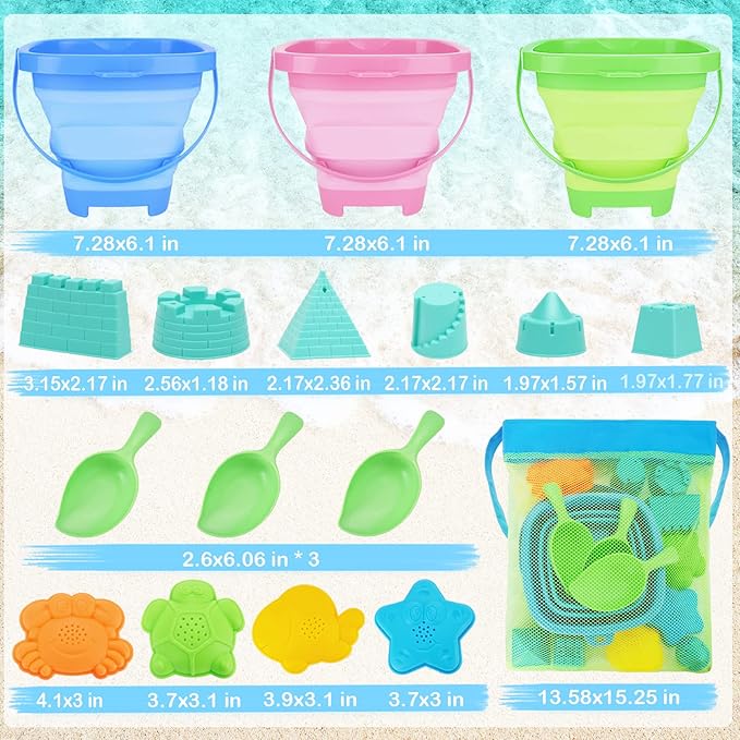 Collapsible Foldable Beach Buckets and Shovels Set - Kids Beach Toys with Mesh Bag & Sand Molds, Silicone Pails for Travel