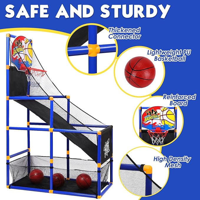 AOKESI Arcade Basketball Game Set for Kids, Toddler Basketball Hoop with 4 Balls Indoor and Outdoor Sports Toys Gifts for Boys Girls Aged 3-4 5-6 7-12 Years Old Adjustable Height Stand