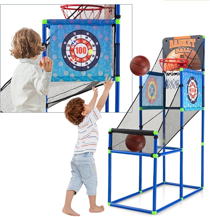 Giantex Kids Basketball Hoop Arcade Game, 2 in 1 Indoor Outdoor Arcade Basketball Game Set w/Electronic Scoreboard, Sound Effect, Ball Pump, 8 Balls, 2 Basketballs, Great Gift for Boys, Girls Ages 3+