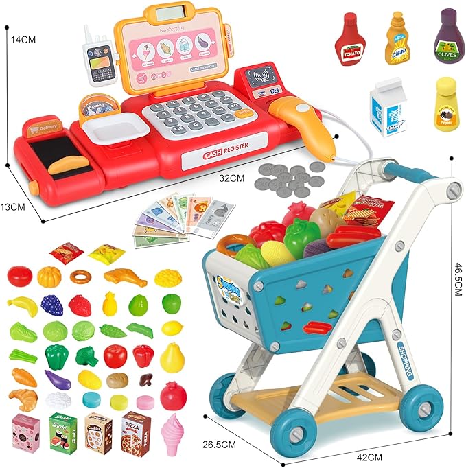 Kids Shopping Cart Trolley Play Set and Pretend Play Calculator Cash Register Toy with Pretend Food and Accessories,Perfect for Ages 3+ Pretend Play and Role-Playing Games