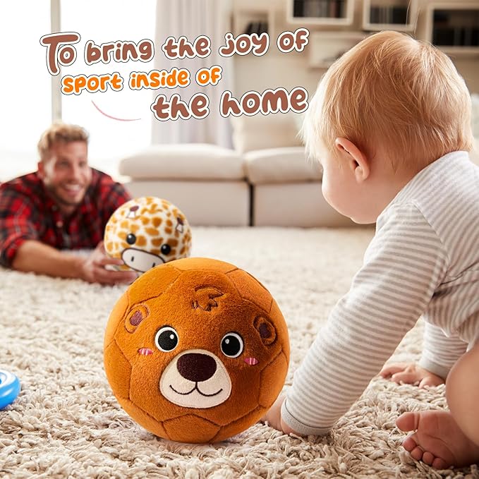 Silent Indoor Soccer Balls for Toddlers, Inflatable Soft Plush Baby Toddler Soccer Ball Toys Gifts for 0+Year Old Boy Girl First Birthday Gift (Bear, Pump Include)