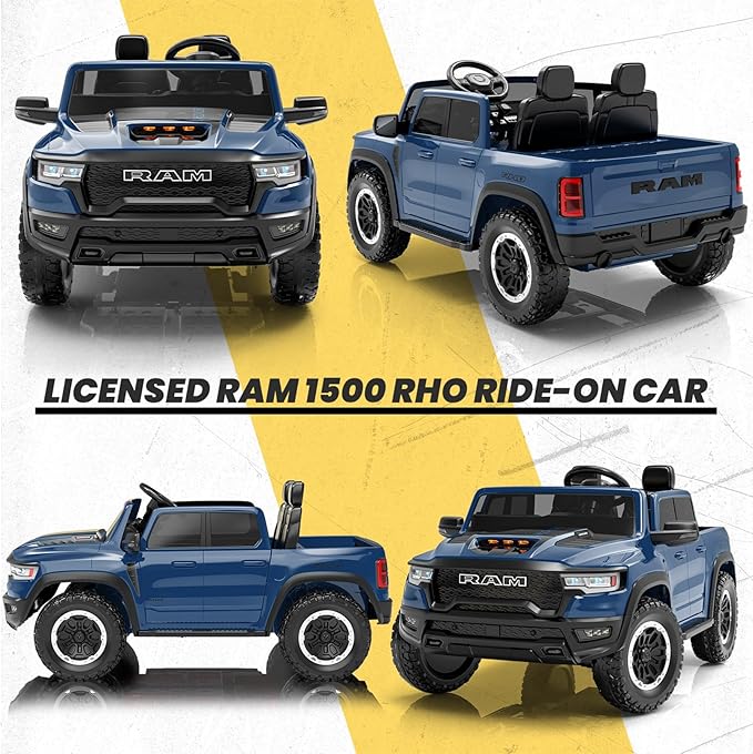2 Seater Electric Car Licensed RAM 1500 RHO, 24V Kids Ride On Truck w/Remote Control, Toddler Ride on Car Toys w/LED Lights, Bluetooth, Music, Truck Bed Storage, Soft Start (Blue)