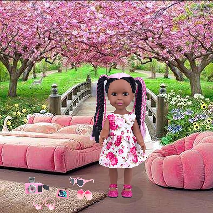 ZNTWEI 14.5 Inch Black Baby Doll and Clothes Accessories Set Handmade Braid Hair African American Baby Doll Gifts for Kids Aged 2 3 4 5 6 7 Years Girls