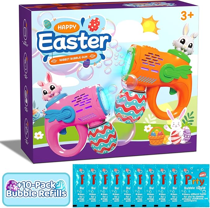 2 Rabbit Bubble Gun Toys - Light-Up Bunny Bubble Machine for Kids Toddlers with 10 Bubble Refill Packs, Fun Gifts for Kids Girls Boys Birthday Party Favors Summer Outdoor Play