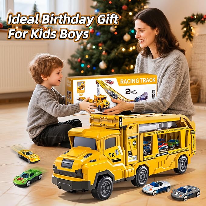 Transport Truck Toys for 3 4 5 6 7 Years Old Boys,Toy Cars Track Set Transporter Trucks with 12 Die-Cast Car Toys 2 Race catapults Dual-Track Model,Toddler Set for Kids Boys Girls,Yellow