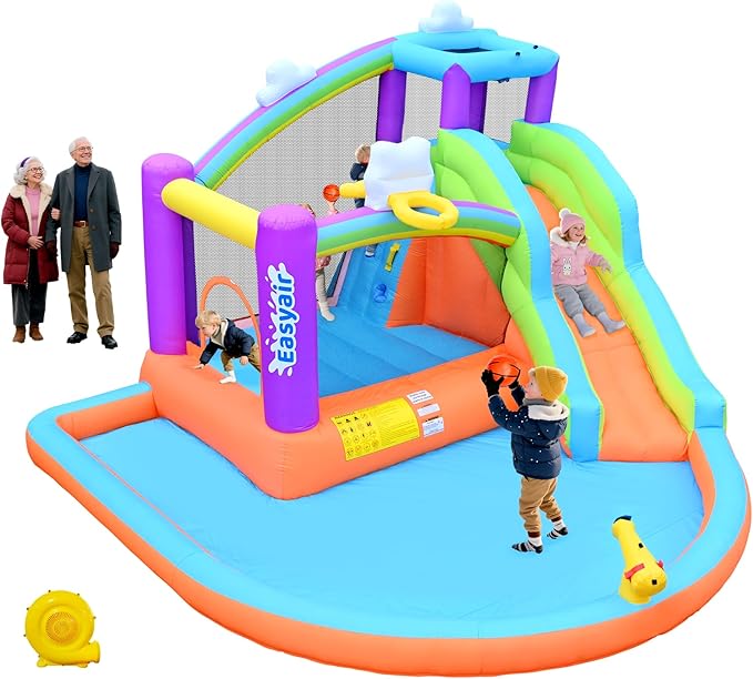 Inflatable Bounce House Water Slide for Kids, Rainbow Cloud Splash Pool, Indoor Or Outdoor Bouncy Castle, Climbing Wall, 2 Basketball Hoops, Included Blower (Orange, 154" L x 144" W x 94" H)