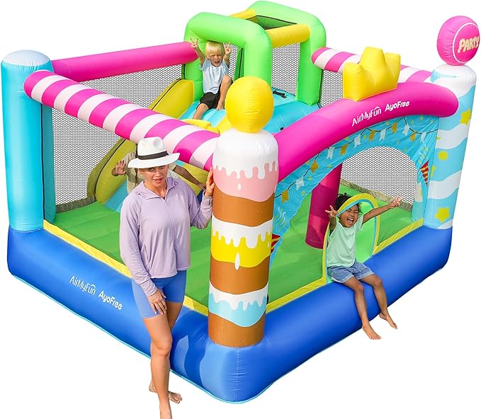 AirMyFun & AyoFree Bounce House, Bouncy House with Slide, Indoor Outdoor Inflatable Bounce House for Kids, Party Theme Bounce Castle with Large Jumping Area, Basketball Hoop