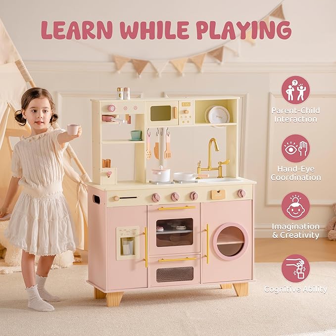 ROBUD Play Kitchen, Pink Toy Kitchen Playset with Pretend Coffee Maker & Toaster for Toddler Aged 3+, Wooden Kids Kitchen of Birthday Gift to Kids, WCF57