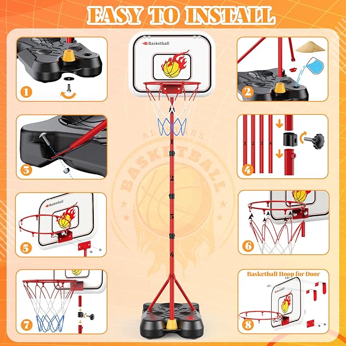 4 in 1 Kids Basketball Hoop and T Ball Set for Toddlers 3-5, Adjustable Height Toddler Basketball Hoop with Baseball, Indoor Outdoor Sport Gifts Christmas Toys for Boys Girls 3-8