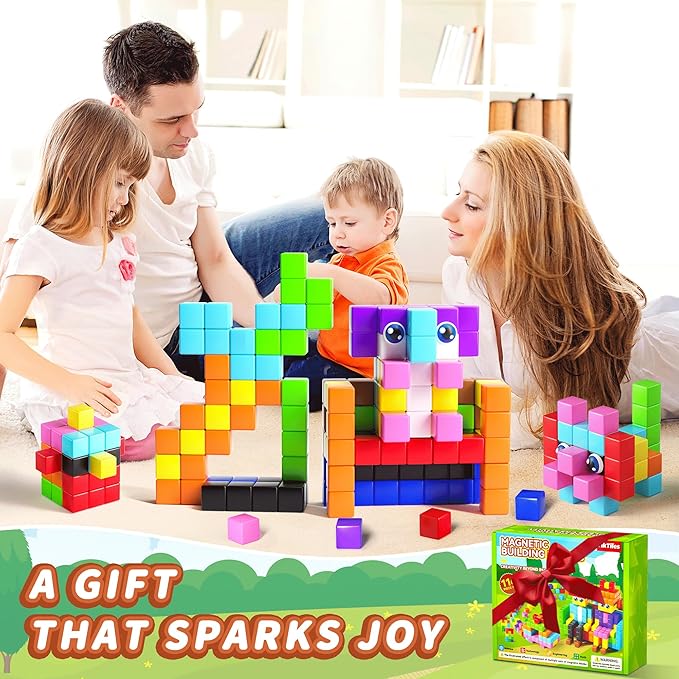116PCS Magnetic Blocks with Magnet Eyes Toy, Magnetic Building Blocks with Storage Bag for Kids Gifts, STEM Preschool Sensory Magnetic Cubes for Toodlers Boys Girls Ages 3 4 5 6 7 8, Bright Color