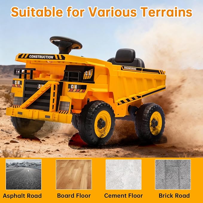 Ride On Construction Truck, 12V Battery Powered Ride On Car with Remote Control, Kids Electric Vehicle with Shovel, Speaker, Yellow