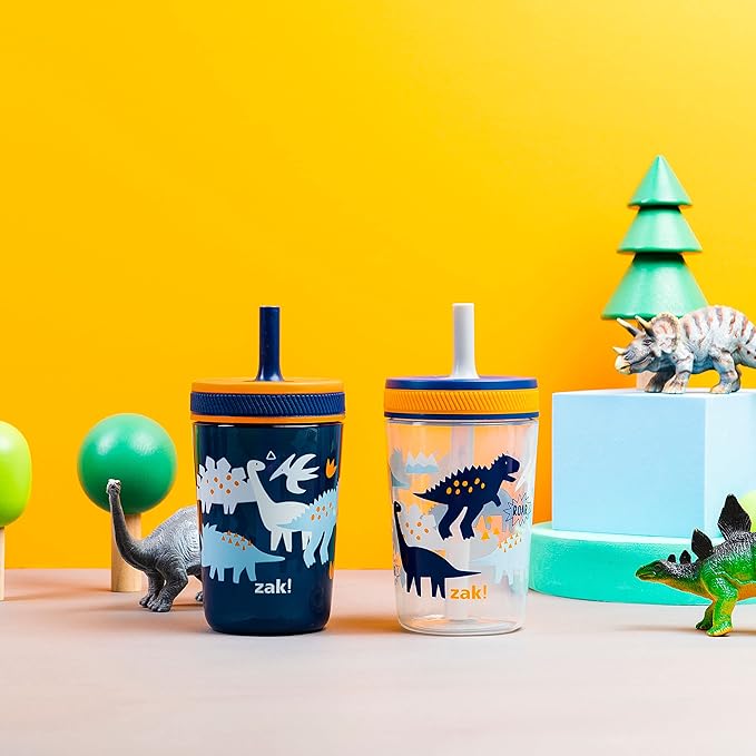 Zak Designs Kelso Toddler Cups For Travel or At Home, 15oz 2-Pack Durable Plastic Sippy Cups With Leak-Proof Design is Perfect For Kids (DinoRoar, Zaksaurus)