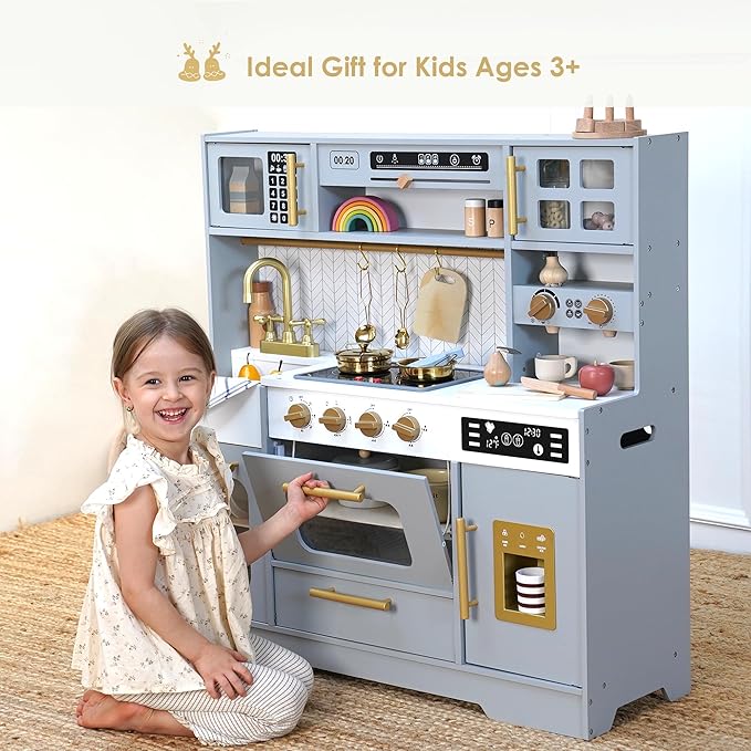 Wooden Play Kitchen for Kids – Pretend Play Kitchen Set with Realistic Stove, Sink, Coffee Maker, Ice Maker & 15 Fun Accessories, Toy Kitchen for Toddlers Ages 3+