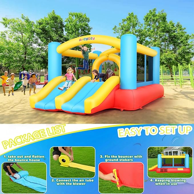 Bounce House, 12.6FTx9FT Inflatable Bounce Castle with Blower for Kids, Blow Up Jumping Bouncer with Double Slide, Obstacles, Trampoline Indoor/Outdoor Bouncy House, Jump House for Family Backyard