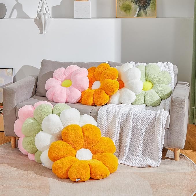 20" Large Yellow Flower Pillow Floor Pillow Seat Cushion – Faux Rabbit Fur Plush Throw Pillow, Cozy Floor Cushion & Gift for Kids Girls Adults