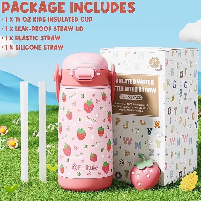 Fimibuke Kids Insulated Water Bottle with Straw Lid & Handle -14oz BPA FREE 18/8 Stainless Steel Metal Tumbler Leak Proof Double Wall Vacuum Kids Cup Toddler Water Bottle for School Boy Girls