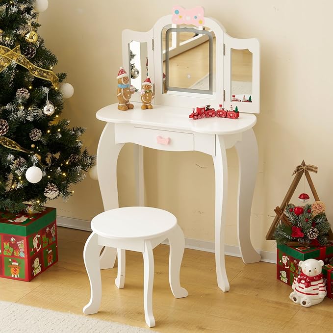 Kids Vanity Table and Chair Set, Girls Vanity Set with Mirror & 3-Color LED Lights, Pretend Play Kids Vanity with Drawer & Cute Bow Print, Makeup Dressing Princess Table for Girls, White