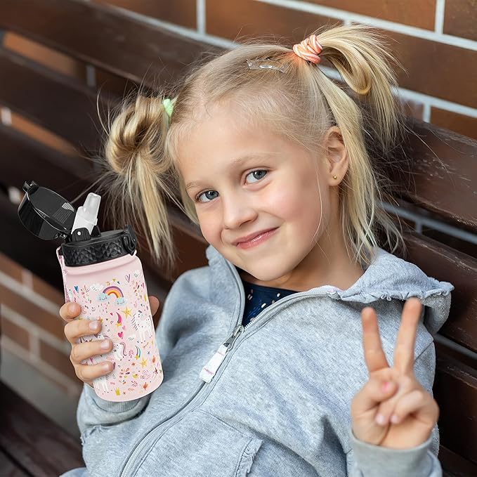 GOPPUS Kids Water Bottle (Straw Lid) - 14 Oz Stainless Steel Travel Bottle, Double Wall Vacuum Leak Proof Kids Cup for School Boys Girls,Unicorn Fields