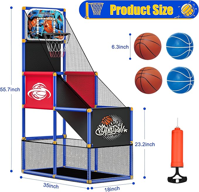 Kids Arcade Basketball Hoop with 4 Balls , Indoor Outdoor Single Shot Basketball Game for Toddler,Carnival Games Sport Toys Gifts for Boys Girls Ages 3-8 Years Old,Ideal for Competition,Pump Included