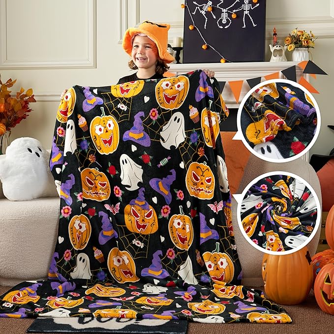 Joiedomi Halloween Blanket Soft Flannel Fleece Throw Blanket Glow in The Dark Halloween Pumpkin Ghost Bat for Kids Bed Living Room Gifts 50"×60"