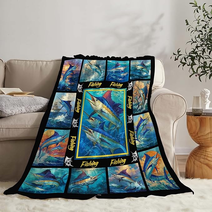 Fish Throw Blanket Fishing Marlin Stuff Gifts for Kids Girls Boys Adults Women Men Soft Cozy Warm Plush Fluffy Fuzzy Fleece Blanket Decor 50''X60''
