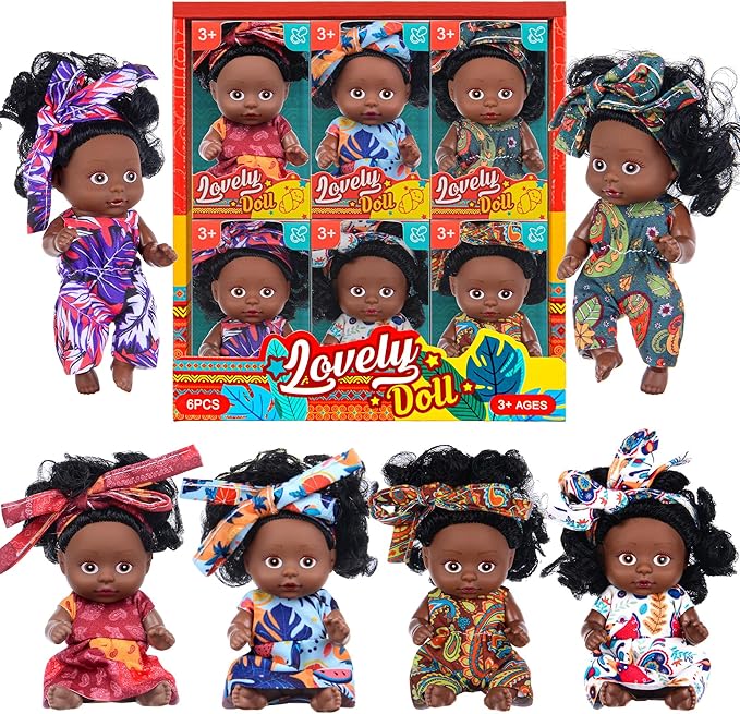 6 Pack 4 Inch African Girl Dolls Set - Black Mini Dolls with Colorful Outfits & Hairbands β Gift for Girls 3-6, 6-12 Educational Toys & Decorative Figures