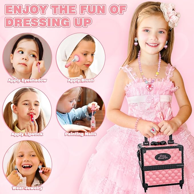 99 Pcs Kids Makeup Kit for Girls, Princess Toys Real Washable Cosmetics Set with Mirror, Hair Ties, Nails, Rings, Earrings, Necklace, Perfect for 3 4 5 6 7 8 Year Old Girls Birthday