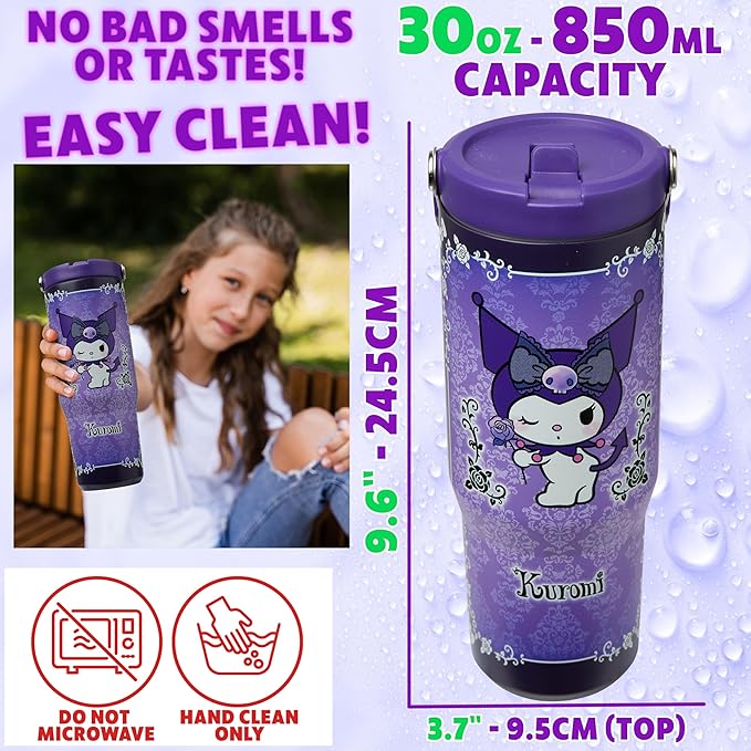 Get Trend Hello Kitty Sanrio Tumbler Stainless Steel with Straw 30oz Girls Teens Insulated Cup with Lids, Kuromi Travel Mug, Kawaii Gifts for Girls (Purple Kuromi)
