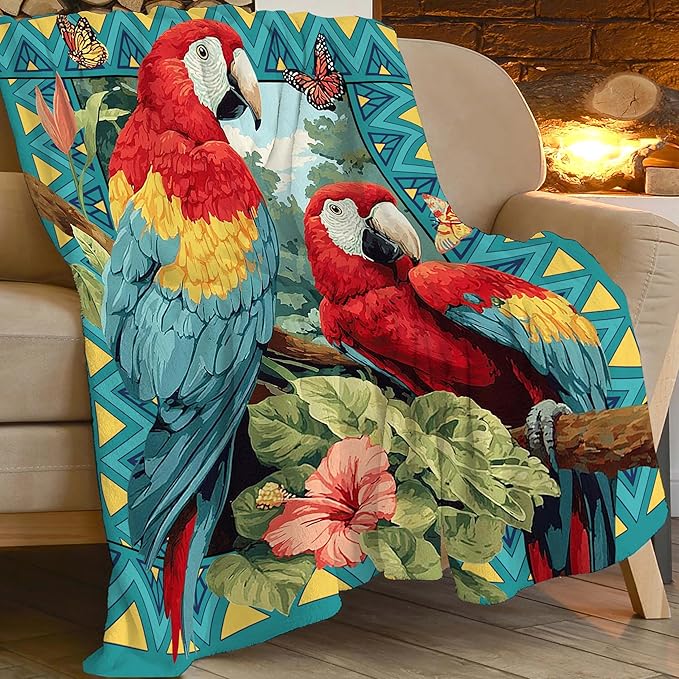 Parrot Bird Throw Blanket Macaw Stuff Gifts for Kids Girls Boys Adults Women Men Soft Cozy Warm Plush Fluffy Fuzzy Fleece Blanket Decor 60''X80''
