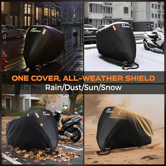 Motorcycle Cover Waterproof Outdoor, 300D Heavy Duty 250cc, UV & Rain Resistant, Windproof with 3 Buckles, Fits Most Motorcycles, Cruisers, Sportbikes, Dirt Bikes, Scooters up to 120" - 5XL Size