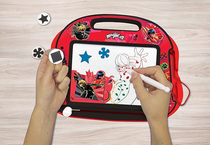 LEXiBOOK, Miraculous Ladybug Cat Noir, Multicolor Magic Magnetic Drawing Board, Artistic Creative Toy for Girls and Boys, Stylus Pen and Stamps, Red/Black, CRMI550