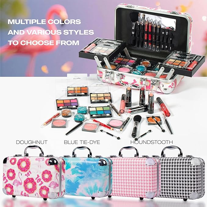 Hot Sugar All In One Makeup Set for Adults and Girls-Full Makeup Kit for Beginners Includes Eye Shadow Palette Blush Lip Gloss Lipstick Lip Pencil Eye Pencil Brush Mirror (Black Houndstooth)