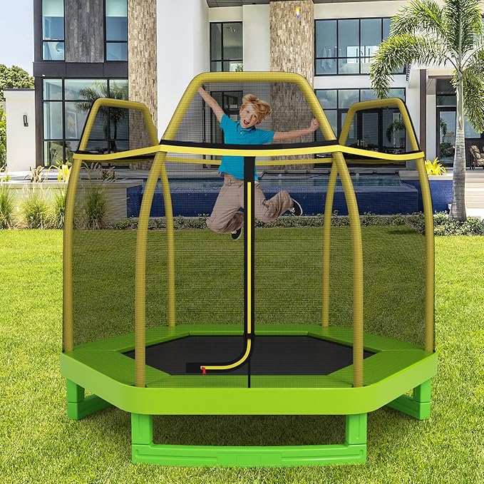 GYMAX Trampoline for Kids, 7FT Toddler Trampoline with Safety Enclosure Net & Seamless Spring Pad, Heavy Duty Small Indoor/Outdoor Trampoline for Boys, Girls Age 3+
